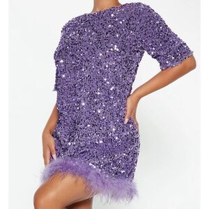 FASHIONNOVA Christy Sequin Feathered Mini Dress Lavender LARGE